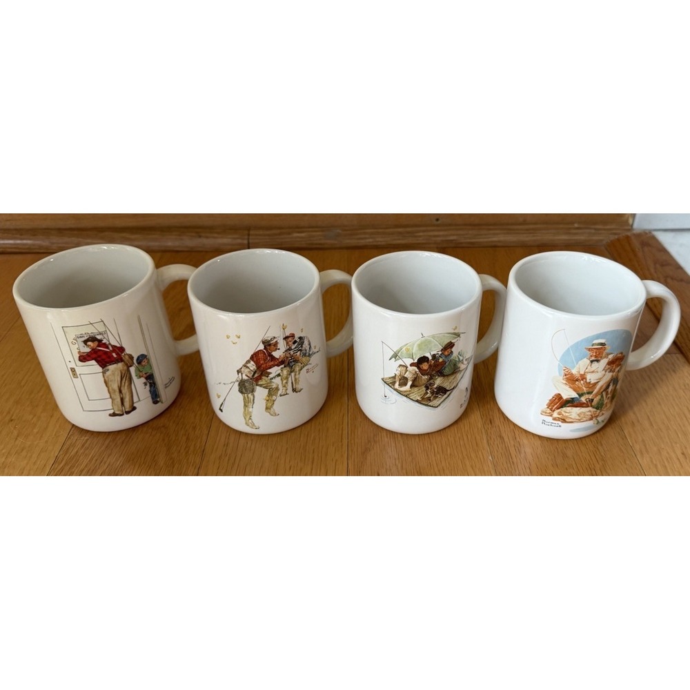 Set of 4 Vintage 1987 Norman Rockwell Museum Collection Coffee Mugs Fishing